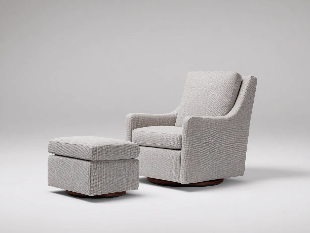 Wohnzimmer Sessel mit Fußhocker 142×88×102 cm – Hellgrau Natur – hoher Rücken mit Rundsockel