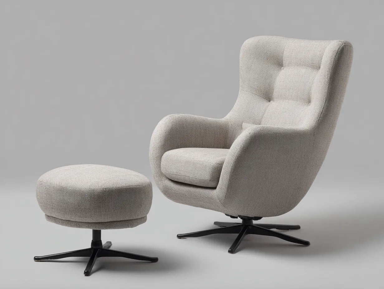 Sessel mit Fußhocker 82×88×108 cm Stoff Hellbeige - hohe Rückenlehne und Drehfunktion