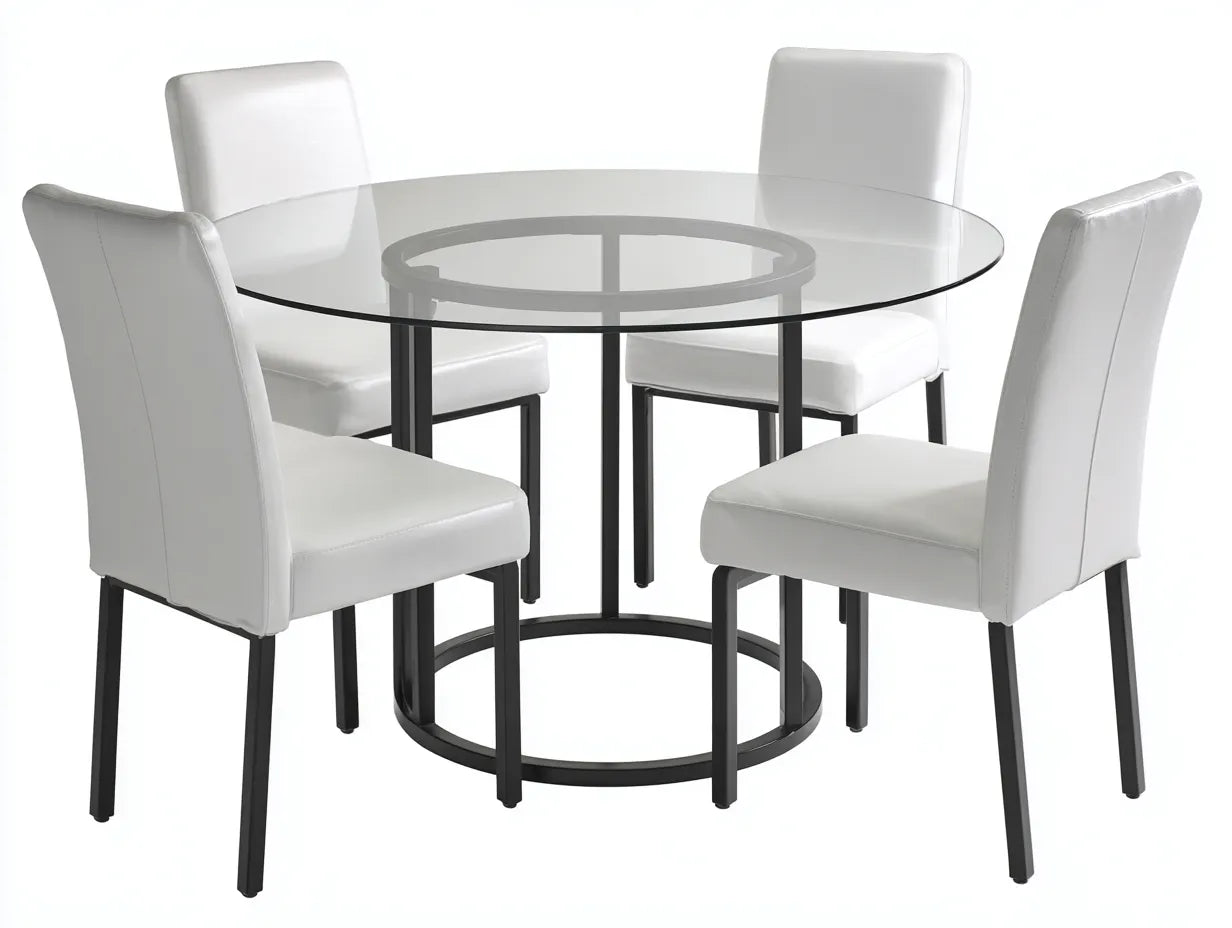 Tisch- und Stuhlset Glas und Metall 120×120×75 cm Transparent/Weiß/Schwarz - rund für Esszimmer