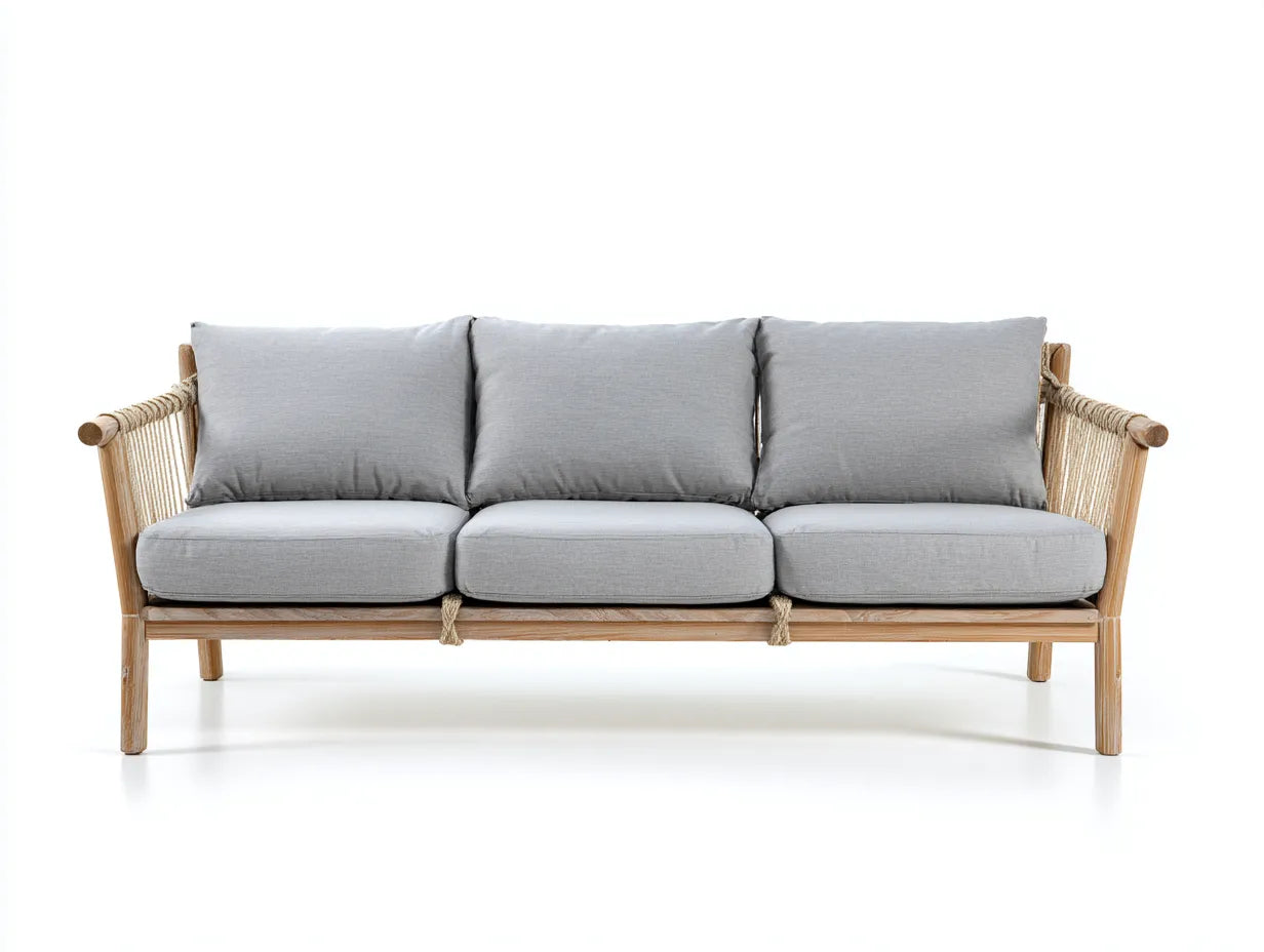 Sofa 218×82×78 cm Stoff und Holz Grau/Natur - offene Seitenstruktur im modernen Stil