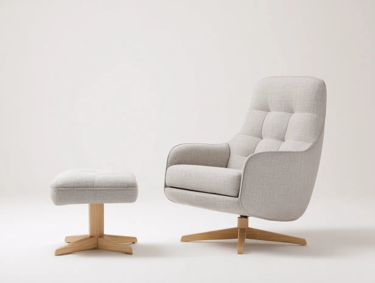 Wohnzimmer Sessel Stoffpolster Holzfuß 80×86×99 cm - Hellbeige/Natur - Loungesessel mit Hocker