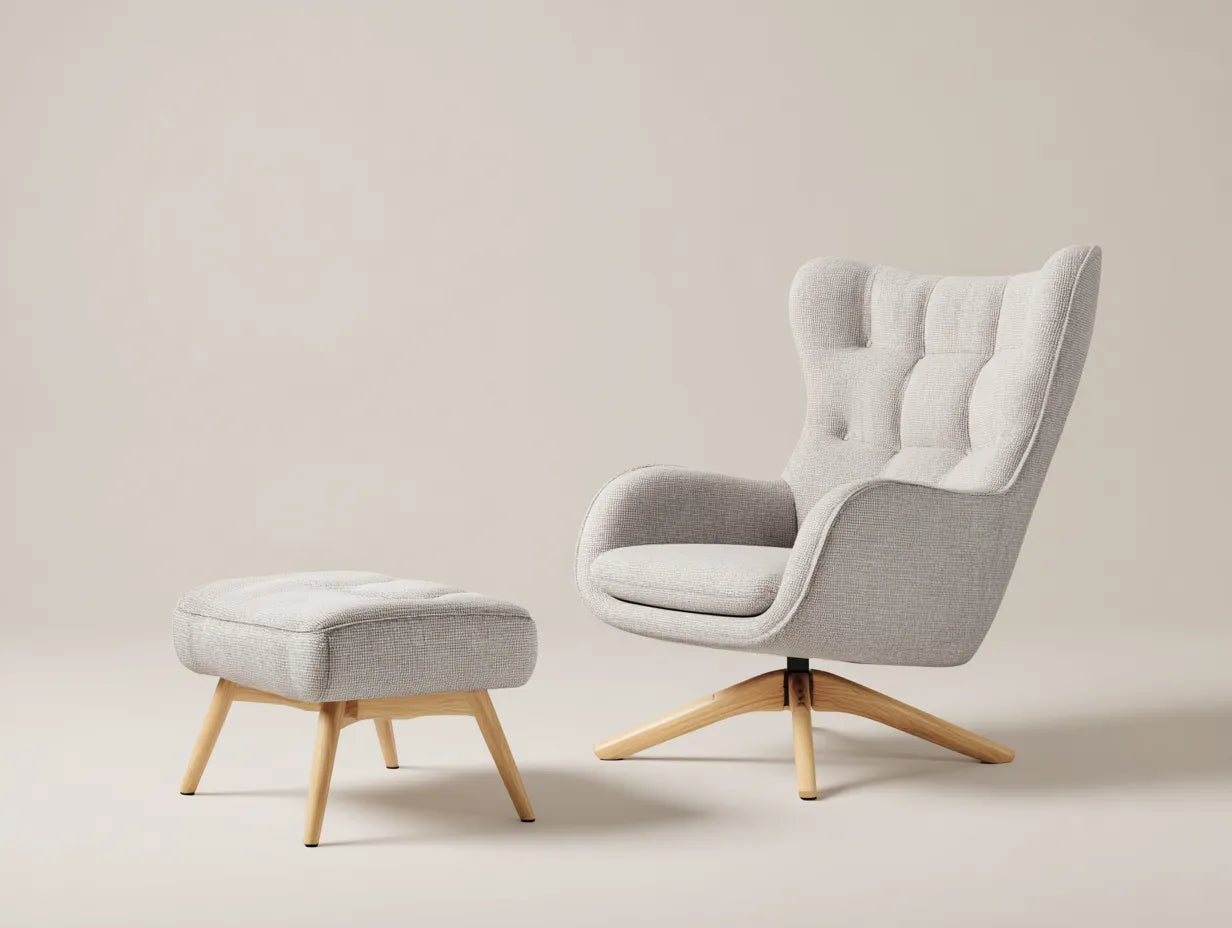 Wohnzimmer Sessel Stoffbezug Holzgestell 82×88×101 cm - Beige/Natur - Relaxsessel mit Hocker