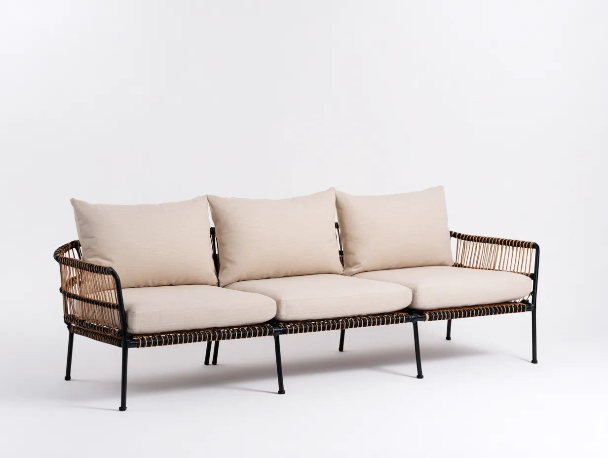 Wohnzimmer Sofa Metallrahmen und Stoffpolster 220×85×78 cm - Beige/Schwarz - modernes 3-Sitzer Design